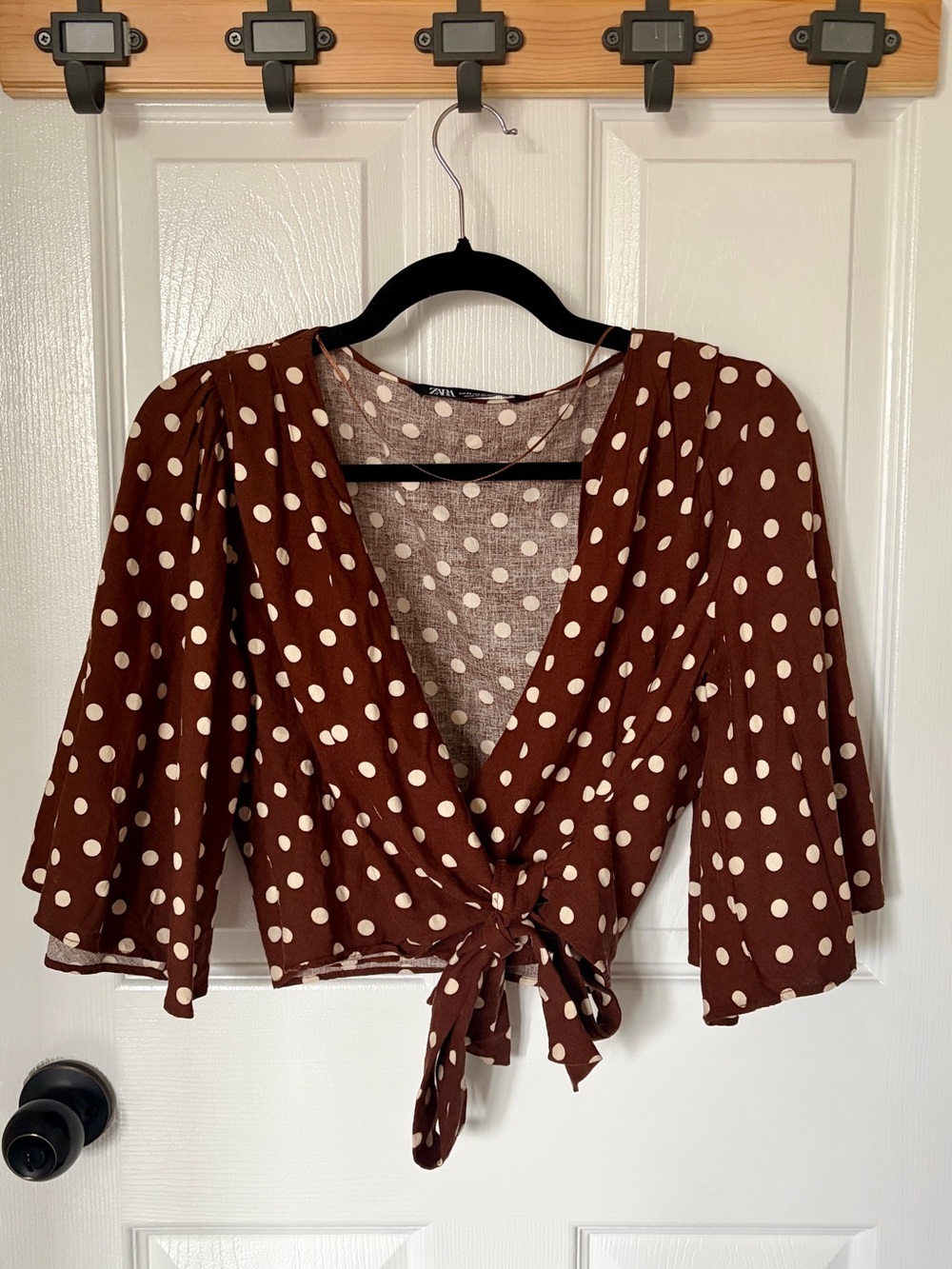 Zara Polka Dot Tie-Front Brown Crop Top